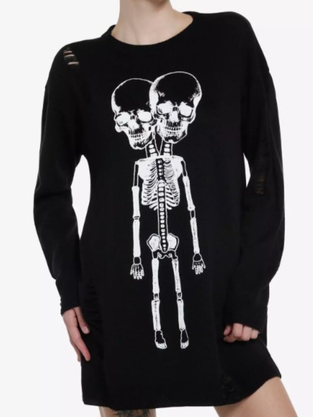 Hot Topic Distressed Sweater Dress Cosmic Aura 2-Headed Skeleton Medium